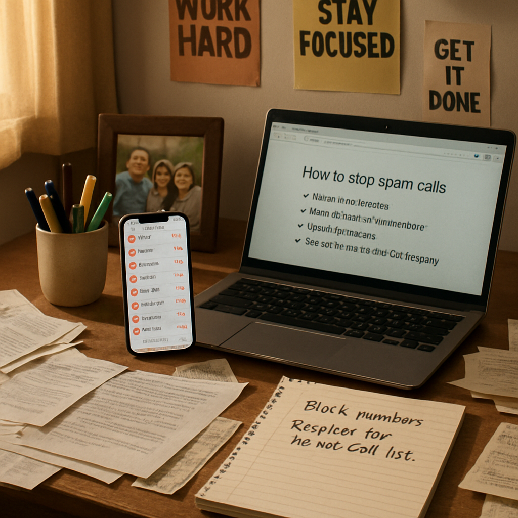 A cluttered desk is shown illuminated by soft warm light from a nearby window The surface is scattered with a mix of papers a smartphone displaying a-1